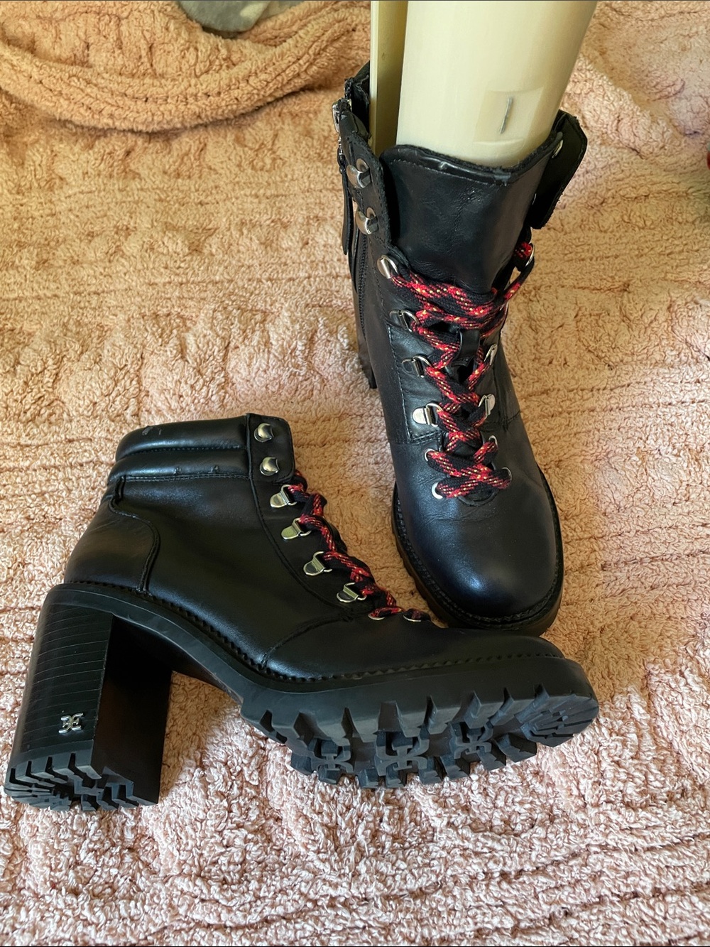 Black Leather Lace-Up Block Heel Hiking Boot